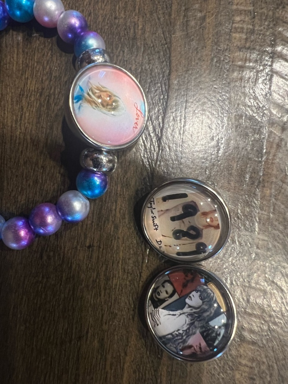Taylor Swift Kids Purple & Blue Beaded Photo Charm Bracelet and necklace